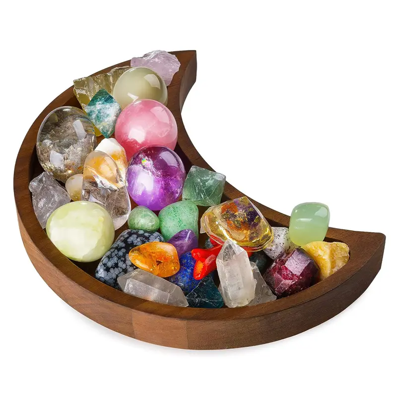 Vassoio per decorazioni lunari in legno supporto in cristallo Display cristalli e pietre curative vassoio per esposizione Decor piastra di ricarica in cristallo