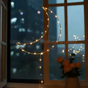 Newish decoração de dia dos namorados, fio de cobre em formato de coração e lua, mini luz de led