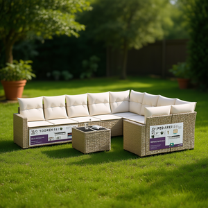 Conjunto de Sofás de Jardín en Ratán Sintético Beige y Estructura de Acero, 6 Plazas, Muebles de Exterior Resistentes a la Intemperie, Diseño Contemporáneo - Product Image 2