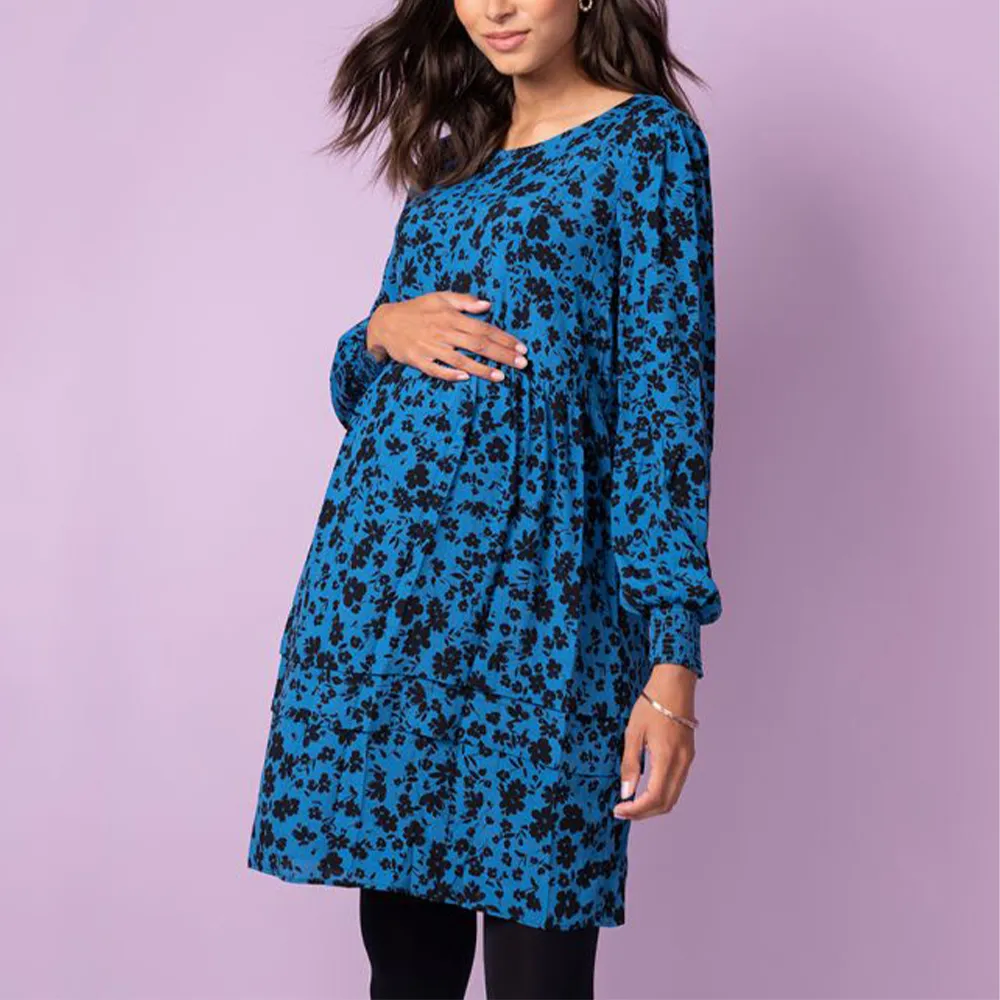 10 ans Femmes De Maternité de vêtements Fabricant Usine zip discret infirmiers bleu imprimé floral robe de maternité et allaitement