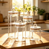 Pot en verre borosilicate de haute qualité avec couvercle à poignée en bois pour le stockage des aliments secs en cuisine, disponible en 2050 ml, 1550 ml, 1150 ml et 850 ml