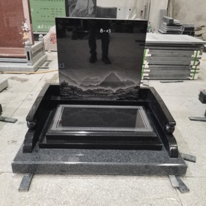 <span class=keywords><strong>Pierre</strong></span> commémorative en granit noir gravée à la main avec <span class=keywords><strong>peinture</strong></span> de paysage et dalle funéraire - Product Image 3