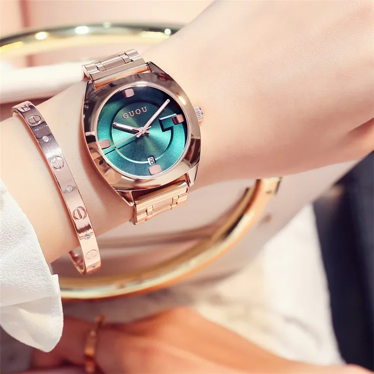 GUOU 8097 Fashion Brand Dial Casual Watch Lady Simple Full Steel Waterproof Watches Woman Personality Gift Quartz Wristwatches