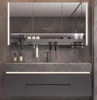 Meuble de salle de bain moderne de luxe tout-en-un avec plateau en pierre, nouvelle collection, vasque incurvée laquée, finition résistante à l'eau