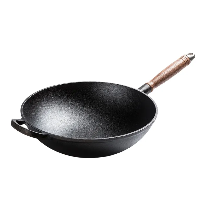 Chinese style 31cm round bottom wok vegetable oil coating preseasoned cast iron wok with wooden handle