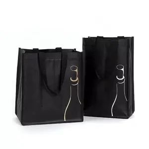 Wholesale Black Wine Handle Bags Sewing Bag With Logo Custom Reusable 2 4 6 Bottle Wine Non Woven Shopping Tote Bag