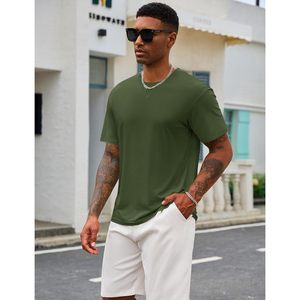 Camisetas de algodón Cotrasen para hombre UPF 50 + con hombro caído, cuello redondo informal de verano; camisetas suaves y holgadas con patrón sólido - Product Image 2
