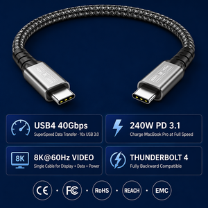 Lung Kay USB4 USB-C กับ C สายเคเบิ้ล40Gbps 240W PD 3.1 8K 60Hz Thunderbolt <span class=keywords><strong>4</strong></span> NYLON สายข้อมูลสำหรับแล็ปท็อป - Product Image 2