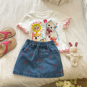 Girls Denim Skirt A-Line Mini Solid Color With Bow Print Summer Wear - Product Image 1