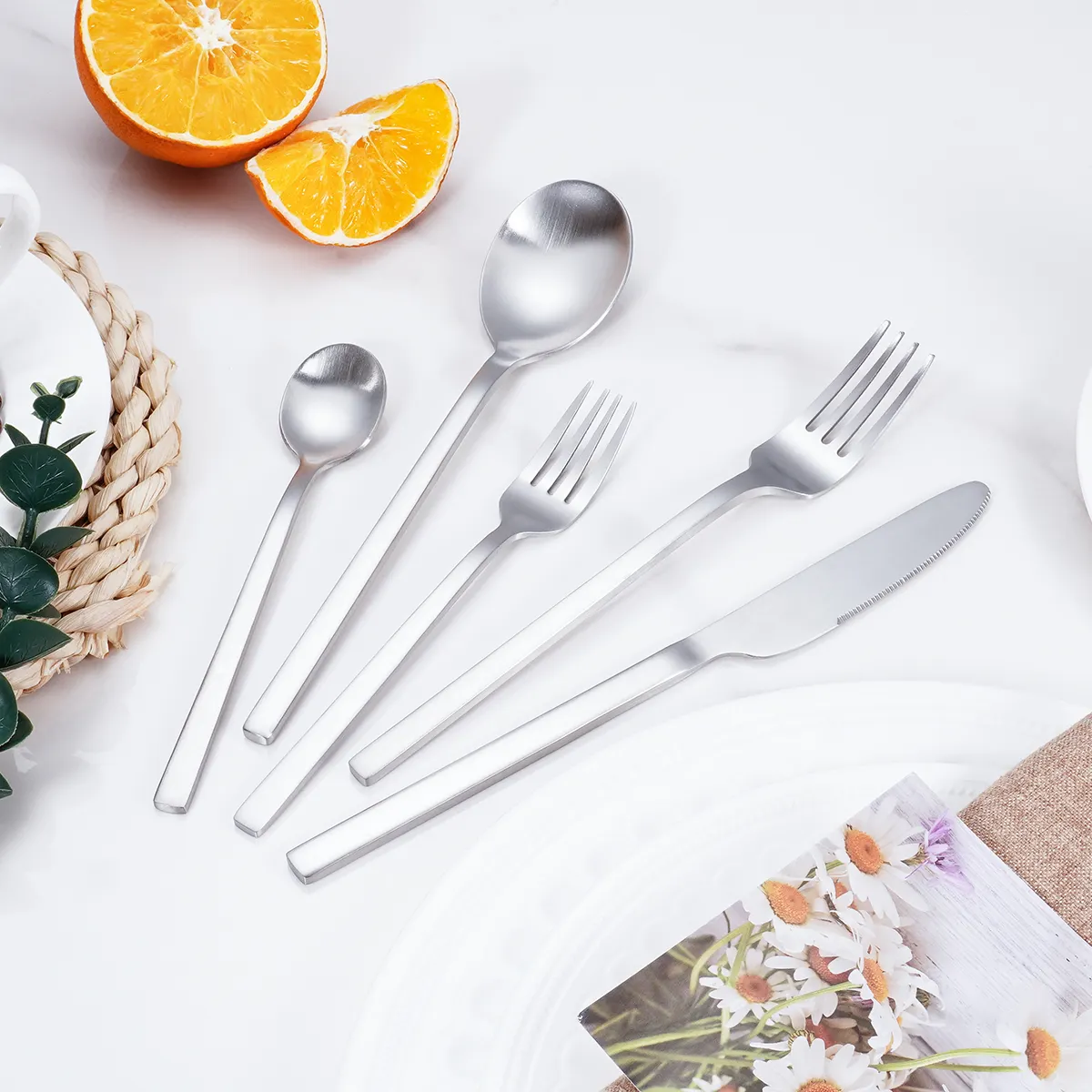 Wholesale wed silverwar Square handle Stainless Steel Cutlery Luxury Hotel Wedding Silver Knife Spoon Fork set Flatware