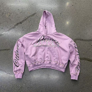 <span class=keywords><strong>Felpa</strong></span> con Cappuccio Corta Y2K Gotica Streetwear Rosa con Bordi Sfrangiati e Grafica con Lettere in Strass Oversize - Product Image 3