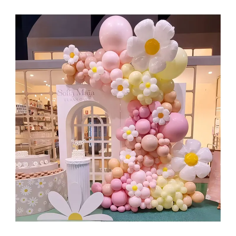 Macaron Pastel pembe sarı Boho Groovy parti papatya balon Garland Arch kiti bebek duş düğün doğum günü ayçiçeği dekor için