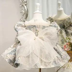 Robe de princesse personnalisée avec bébé nœud tutu et lin robe de bal courte espagnol rétro fille bulle manches jacquard pour fête des enfants