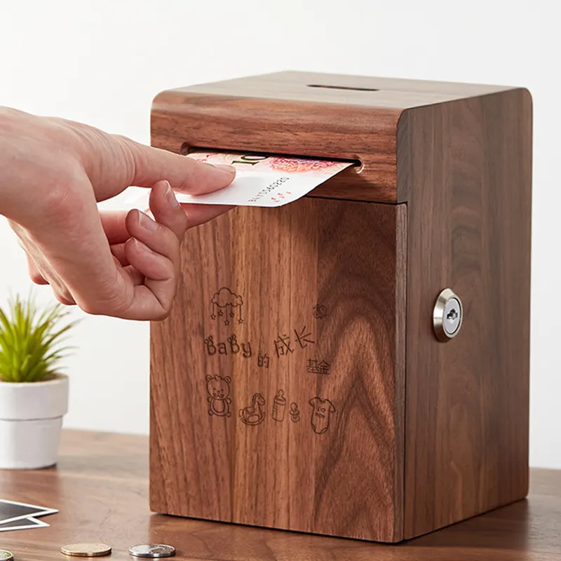 Creative beech wood saving box children bank with lock drop-proof large-capacity coin and banknote piggy banks home decors