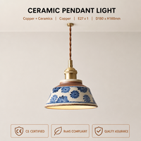 Lampe suspendue vintage en céramique cuivrée, abat-jour en céramique bleu floral pour cuisine, salle à manger, café, bar, décoration intérieure