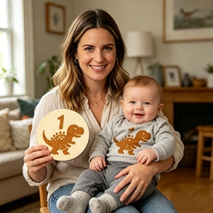 Disques de jalons de développement pour bébé de 12 mois, thème dinosaure, en bois, avec panneau d'<span class=keywords><strong>annonce</strong></span> de naissance, pour cadeau de baby shower et décoration intérieure - Product Image 2