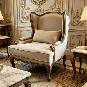 Poltrona Classica in Legno Massello Intagliato con Rivestimento in Tessuto Crema, Design Moderno, Sedia Singola Regolabile per <span class=keywords><strong>Soggiorno</strong></span> - Product Image 5