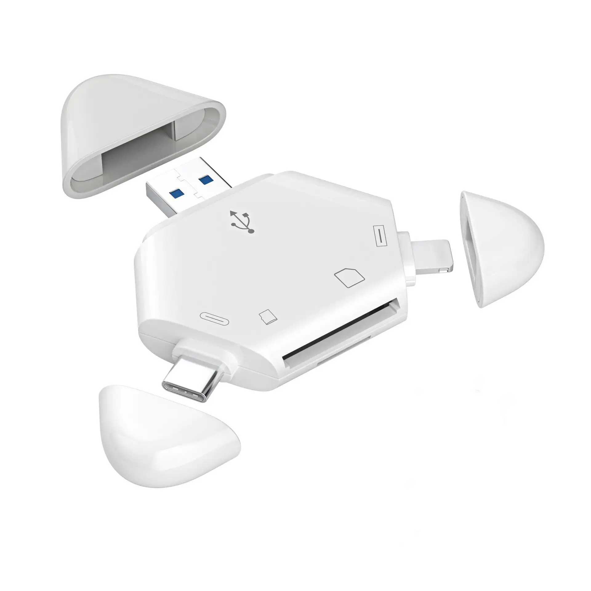 Leitor de cartão SD 3 em 1 portátil de transferência de alta velocidade com 3 tipos de plug, leitura dupla, para celular, cartão SD, cartão TF, usb