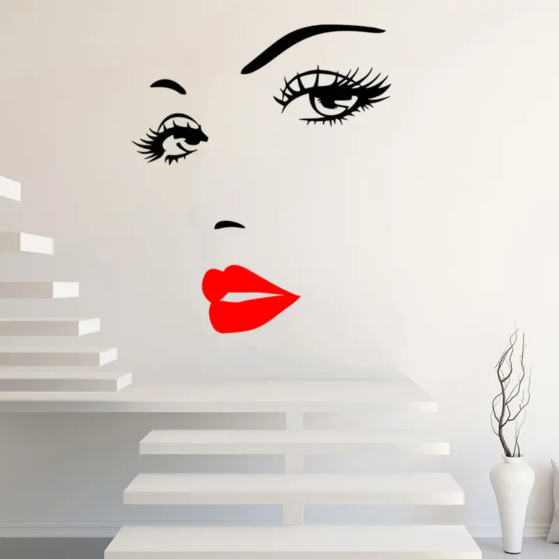 Pegatina de cara de belleza de moda para habitación, papel tapiz de pared con ojos grandes, 2 colores de labios para dormitorio, Mural decorativo creativo para sala de estar