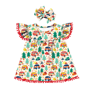 Vestido Casual Personalizado para <span class=keywords><strong>Niñas</strong></span> con Adorno de Pompones y Mangas con Volantes, Estampado Navideño/Árbol de Navidad, Corte en A, Tallas 2T-7T - Product Image 4