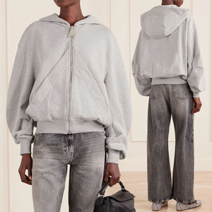 Sudadera con capucha corta de algodón French Terry para mujer KingSen, con cremallera, costura diagonal, corte 3D, ajuste holgado, manga globo, estilo casual. - Product Image 1