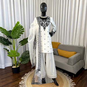 <b>Women</b> White Black Embroidered <b>Kurta</b> Palazzo Dupatta Set Ethnic Casual Wear - Product Image 1