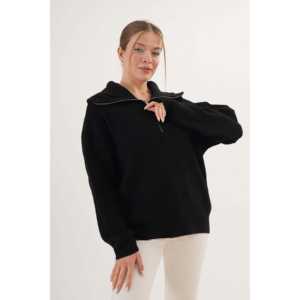 Pull en tricot à col zippé Thessaloniki noir pour femme, manches longues, anti-boulochage, style normcore minimaliste - Product Image 5