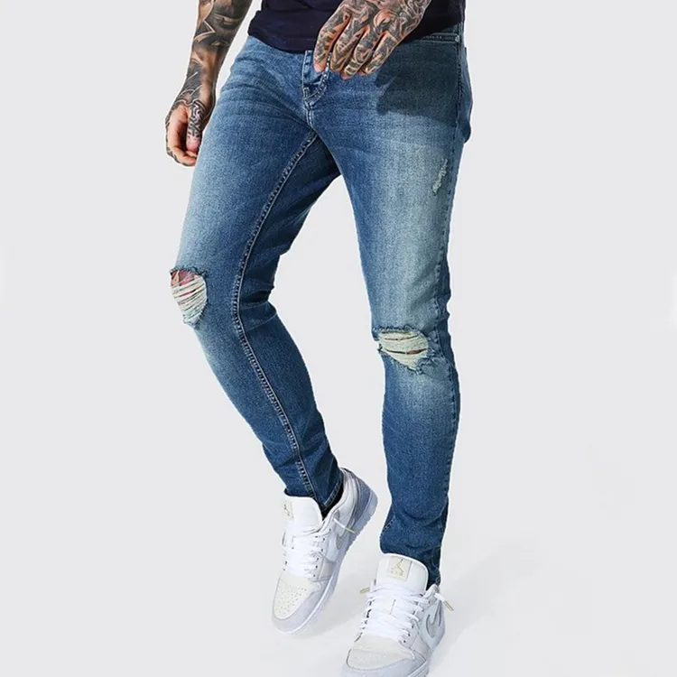 High waist super skinny men's stretchy ripped slim fit denim jeans 501 destroyed trousers pants