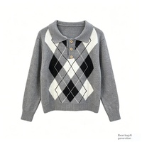 Pull-over décontracté à manches longues pour femme, col polo, en tricot jacquard Argyle, motif losanges, coupe décontractée, style preppy, automne