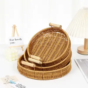 Home Kitchen Hand Woven PP Rattan Bread Basket Tabletop Fruit Vegetables Storage Basket With Handle Round Storage Tray