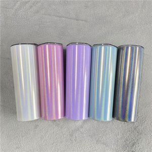 Gobelet isotherme fin de 20 oz, vierge pour sublimation, couleur vert-bleu pailleté et lavande chatoyante, avec couvercle anti-éclaboussures et paille, pour impression DIY - Product Image 1
