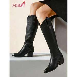 Botas negras hasta la rodilla para mujer Modi, material Tpu, tacón grueso, punta puntiaguda, tendencia de moda, estilo de vacaciones - Product Image 1