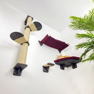 Ensemble moderne d'arbre à chat en bois et griffoir, avec étagère murale d'angle et marches en sisal - Product Image 4