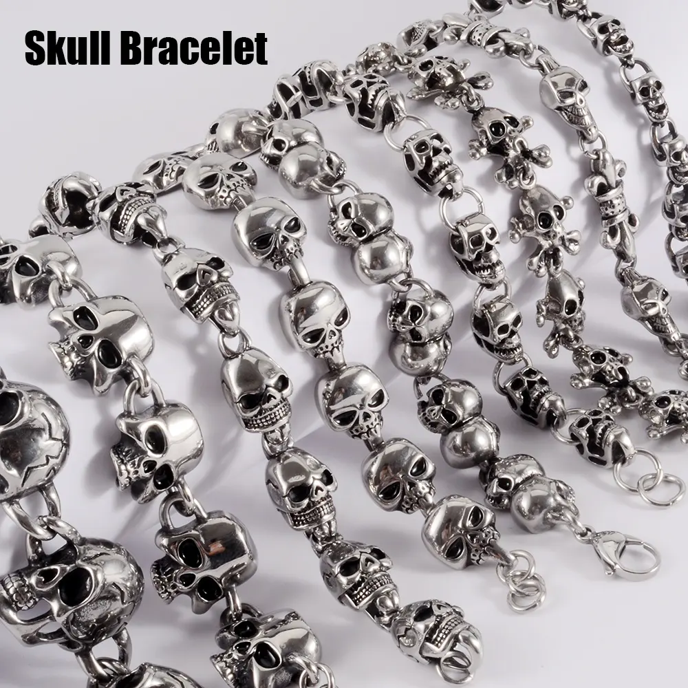 Stainless Steel Retro Vintage Hiphop Punk Man Bracelet Chain Skull Men Cuban Bracelet Women Popular Male Jewelry