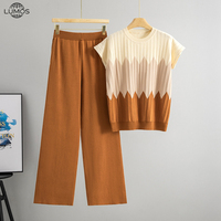 Ensemble deux pièces pour femmes Lumos, style européen et américain, été, nouveau, col sans col, manches trois-quarts, tricoté, color-block