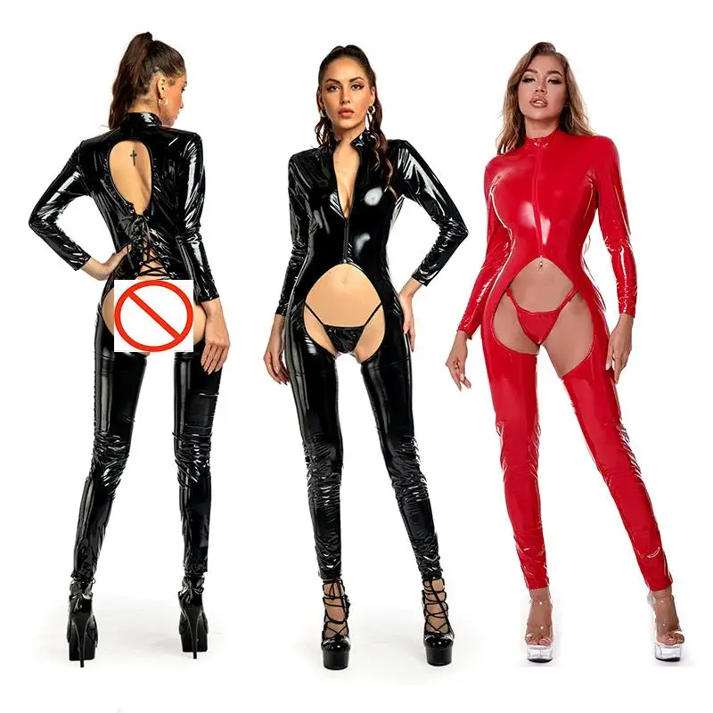 MOGlovers Skinny PVC เปิดเป้าชิ้นเดียวหนังBodyconบอดี้สูทสําหรับผู้หญิงJumpsuitเซ็กซี่ชุด