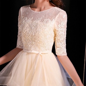 Women's Evening Gown Champagne Color Long Dress High Neck Empire Waist Asymmetric Wedding Party Hostess Dress - Product Image 3