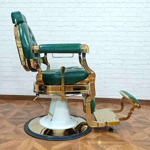 Vintage Barber Chair Heavy Duty Hydraulic Reclining Salon Chair Green Upholstered Round Base - Product Image 1