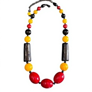 Collier tendance en résine de qualité supérieure, fantaisie, avec perles rondes rouges, jaunes et noires et formes de baril, bijoux unisexes à la mode - Product Image 1