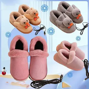 Winter Warm New Arrival USB Women Gift Soft Plush Electric Rechargeable Heated Shoes with Plug