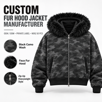 Veste à capuche zippée personnalisée, camouflage noir délavé, coupe oversize, capuche en fausse fourrure épaisse, style streetwear, fournisseur en gros pour marques