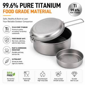 Olla de Titanio Puro de 1350 ml, Juego de Utensilios de Cocina para Acampar, Olla para Cocinar al Aire Libre con Plato, Asa Plegable, Equipo de Excursionismo OEM - Product Image 5