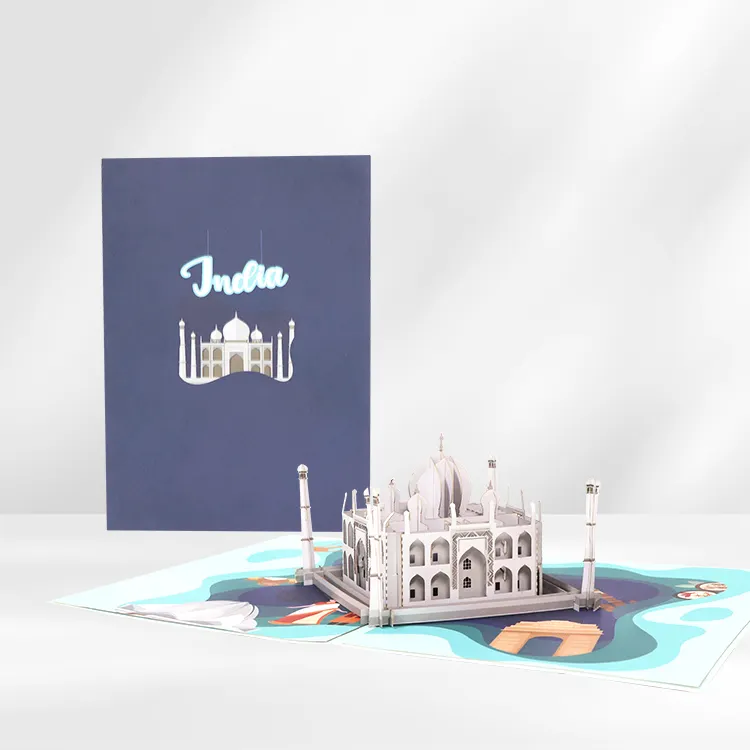 Winpsheng Personalizado Espetacular Edifício Pop Up Cartão Taj Mahal da Índia Cartão 3D cortado a laser