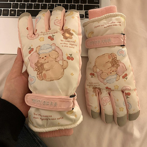 Gants de ski mignons pour femme, à doigts complets, compatibles écran tactile, chauds, doublés polaire, épaissis, avec fermeture auto-agrippante, adaptés à la conduite de véhicules électriques - Product Image 4