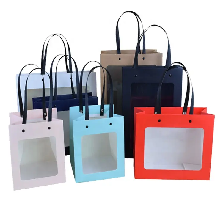 Prezzo a buon mercato logo stampato personalizzato carta quadrata trasparente finestra regalo fiore carta shopping tote bag