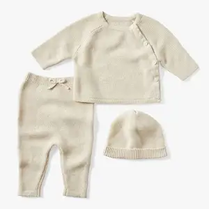 Organic Cotton Knit Clothes Outfit Set Solid Tops Pants Hat Baby Sweater Set