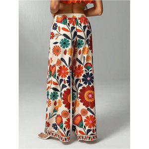 Pantalones Anchos de Cintura Media con Estampado Floral Bohemio para Mujer, Transpirables, con Cordón Elástico, Estilo Holgado, para Vacaciones - Product Image 2
