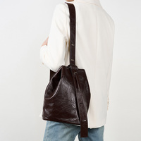 Sac seau en cuir vintage chic, souple et froissé, avec cordon de serrage, grande capacité, décontracté, pour le quotidien, avec bandoulière réglable