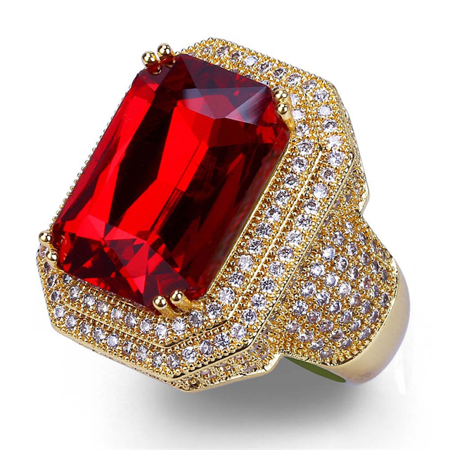 Hip Hop Men Iced Out Ruby Ring Red Lab Diamond Gemstone Ring for Men
