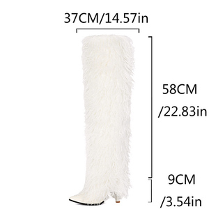 Large Size 46 Women High Heels Plush Fur Long Booties on Fluffy Knee High <b>Boots</b> Winter Furry Snow 3 Different Height Shoes - Product Image 6